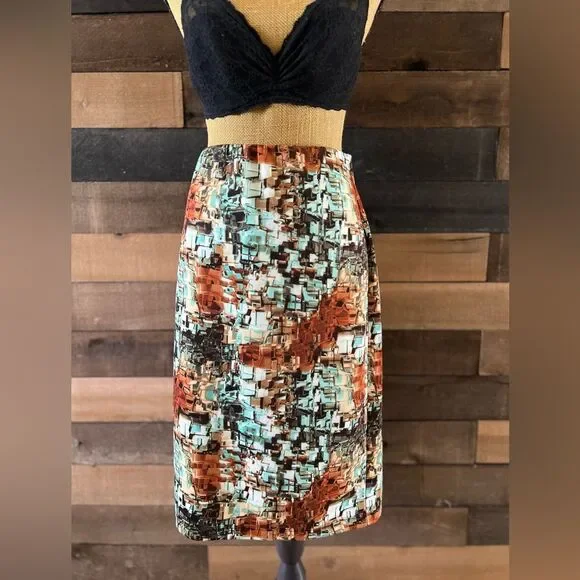 Betsey Johnson Set Shirt & Skirt Medium Brown Green Geometric Bell Sleeve Top - Picture 4 of 13